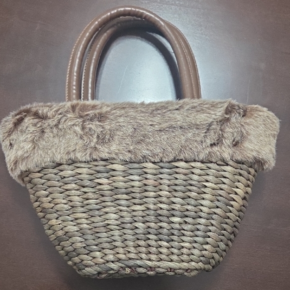 Bath & Body Works Handbags - Bath & Body Works Brown Woven Tote with Faux Fur Accent